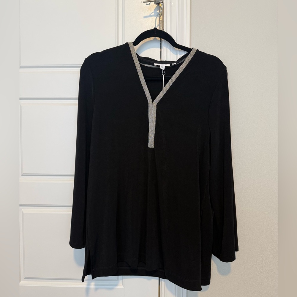 Chico's Black Long Sleeve Top with Silver Trim
